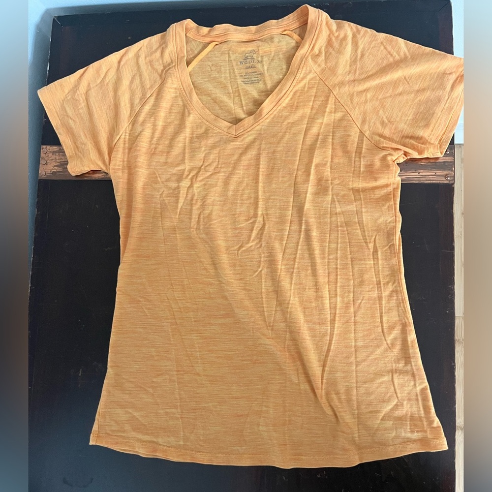 WoolX v neck short sleeve Merino blend t shirt, Size Small, Heather orange color